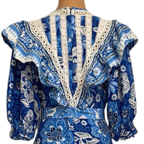 FARM Rio Full of Flowers Floral Jumpsuit Blue White Crochet Trim V Neck Boho - Picture 10 of 15